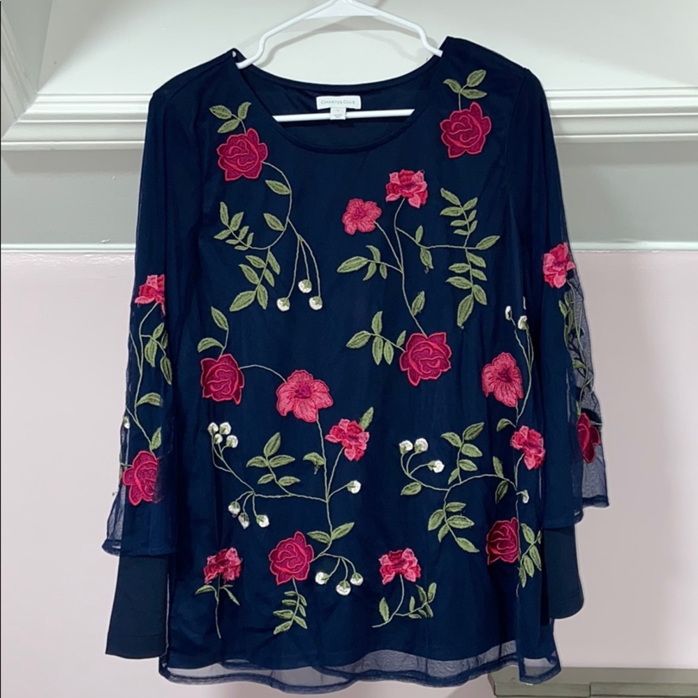 Charter Club Navy Blue Shirt with flowers